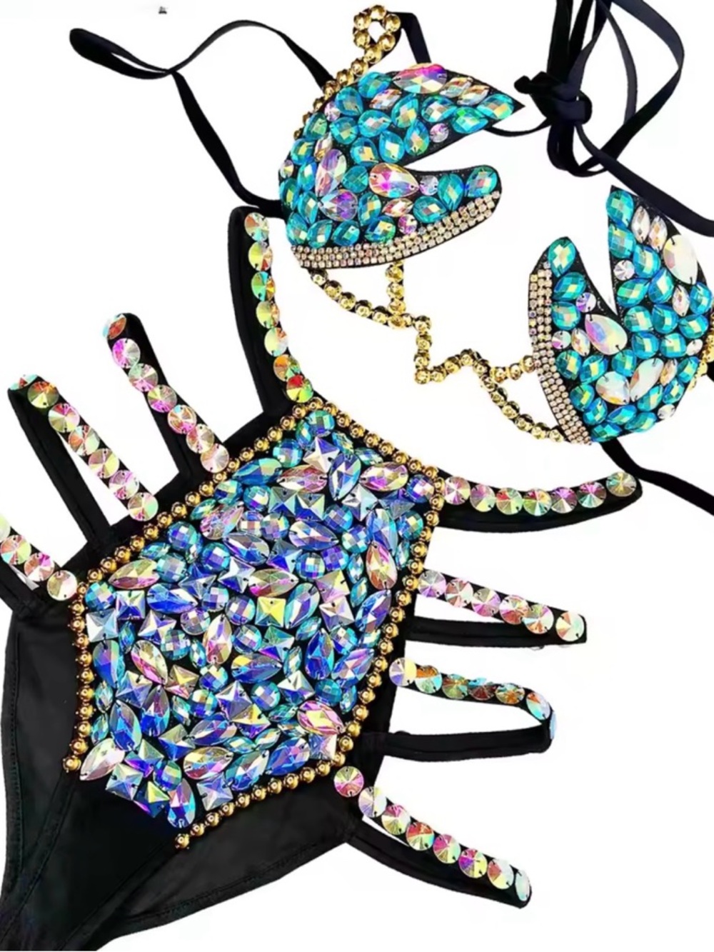 Embellished Black Bikini with Iridescent Crystal Accents